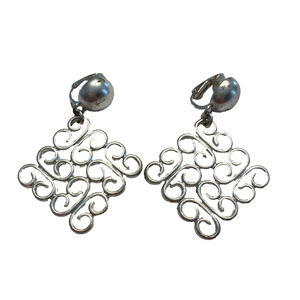Vintage Clip On Earrings Silver Mod 60's Look Lattice Filigree Drop & Dangle
